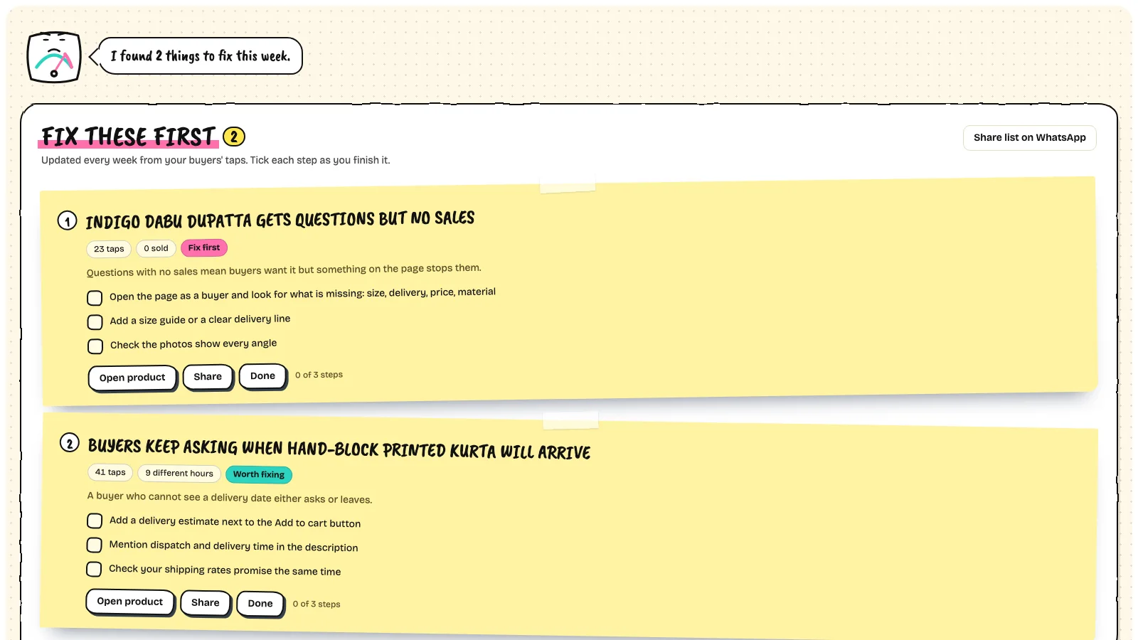 The Askdesk fix list with two sticky-note jobs